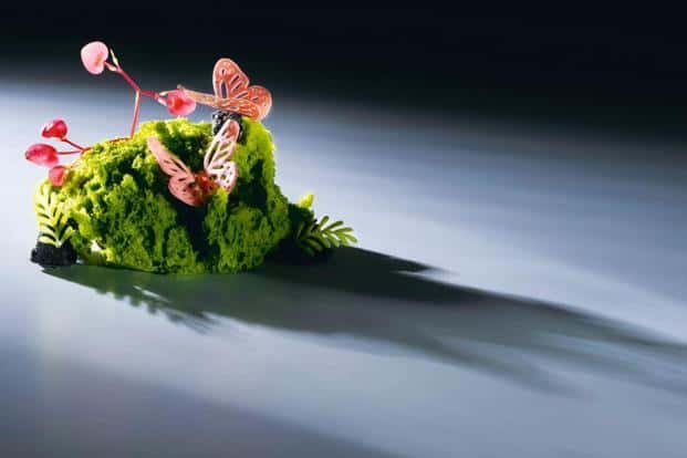 Gaggan Anand's dish called:Butterfly, a dish made with basil sponge, chilli ice cream and sesame rocks. Courtesy Taj Hotels