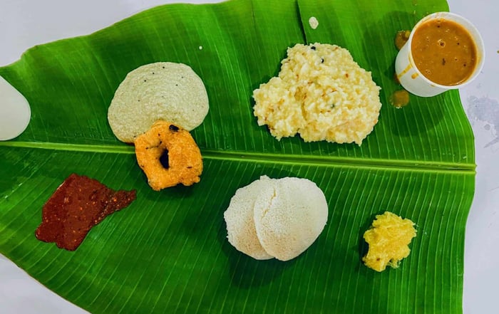 Pongal South Indian breakfast on a banana leaf