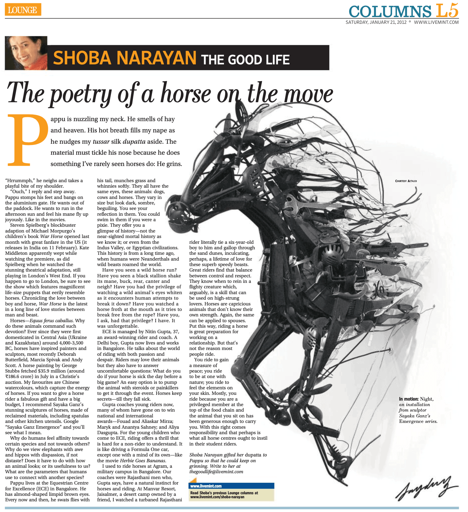 21:1:2012 The poetry of a horse on the move. Mint Lounge. The Good Life