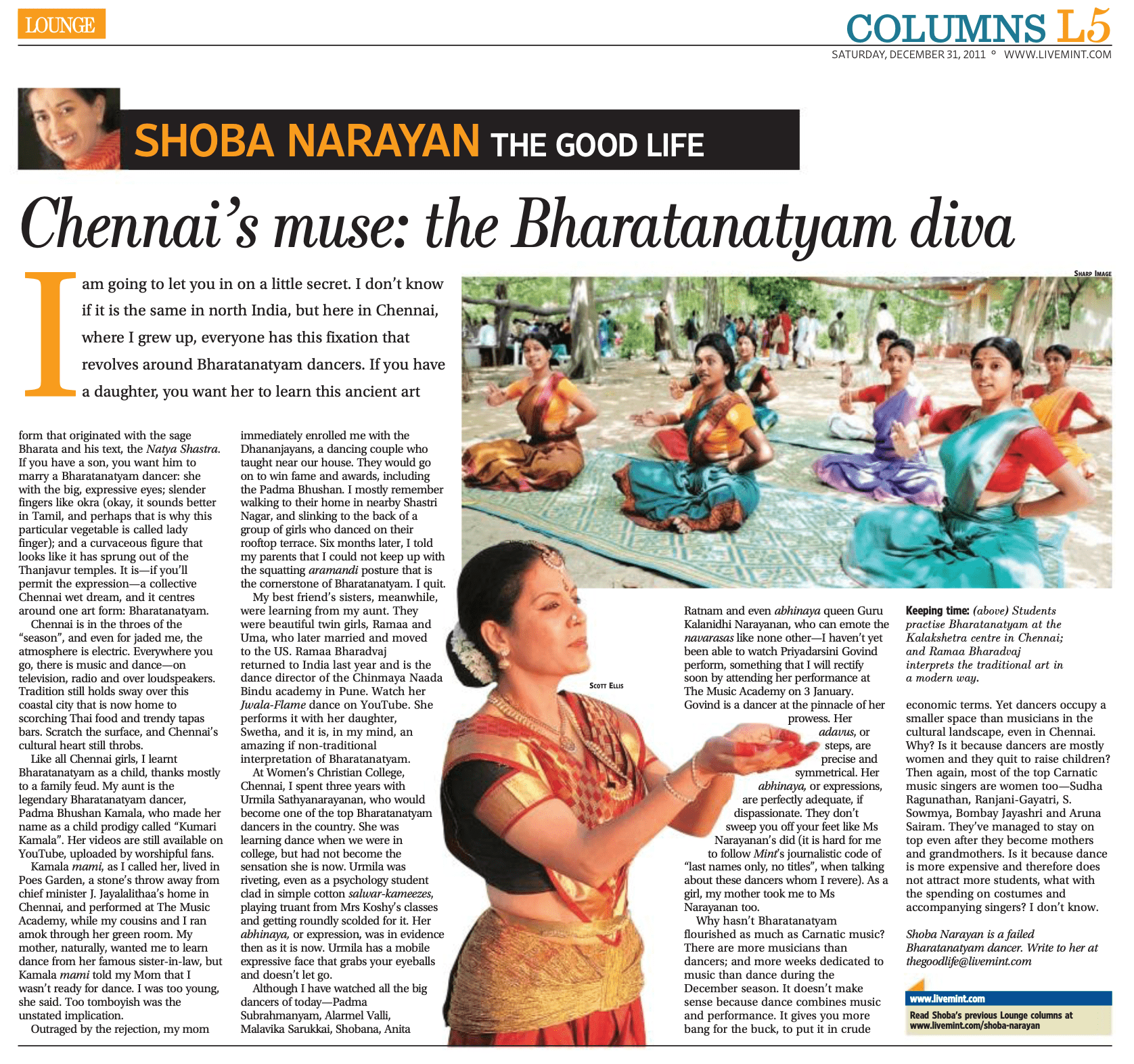 31:12:2011 Chennai's muse the Bharatanatyam diva. The Good Life. Mint Lounge.