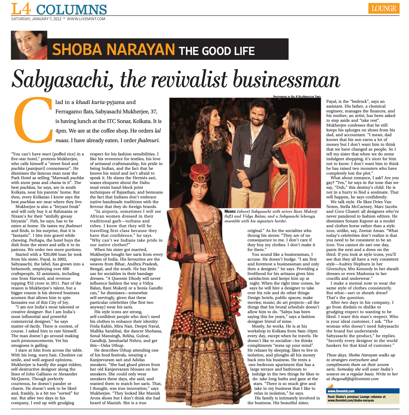 Mint Lounge. The Good Life. 7:1:2012 Sabyasachi the revivalist businessman