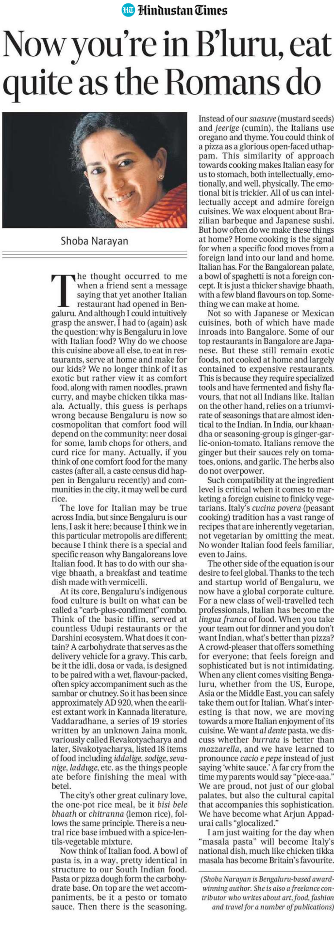 Bangalore Italian article