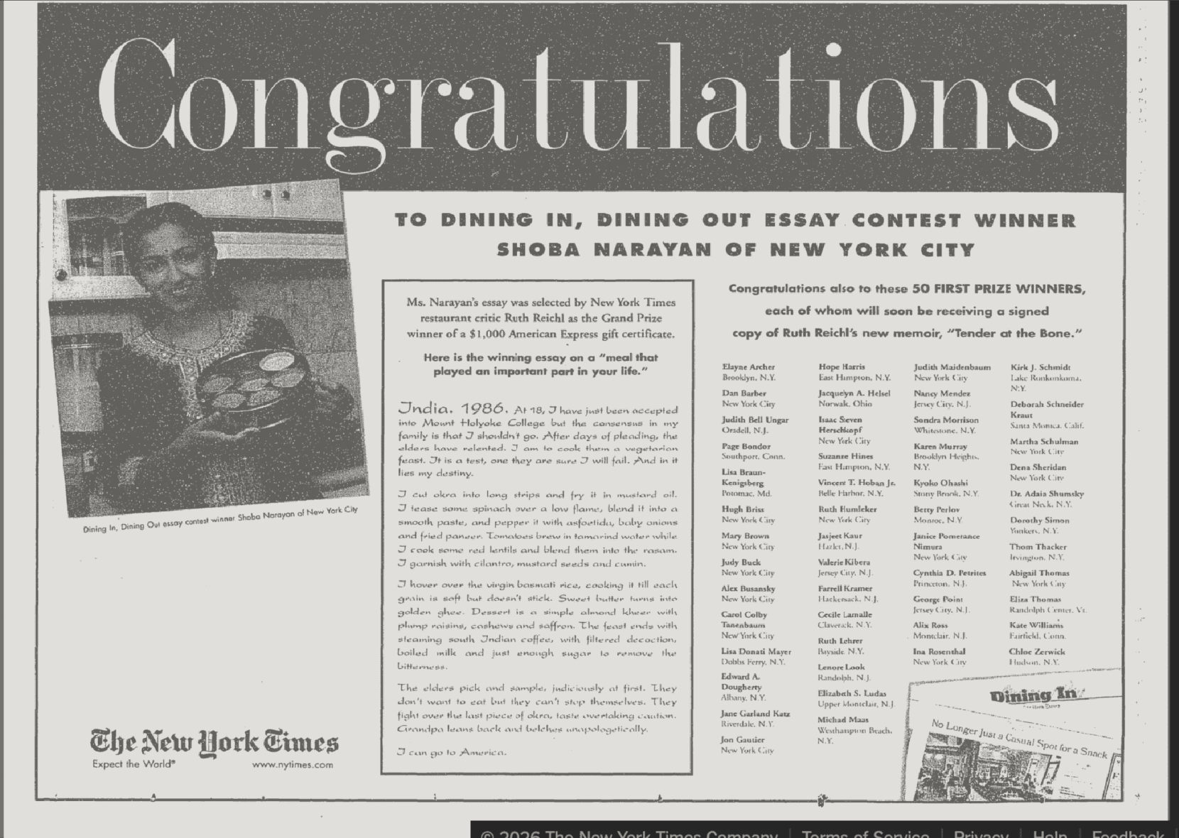 NYT Dining In Dining Out Essay Award Brighter Half Page September 23, 1998