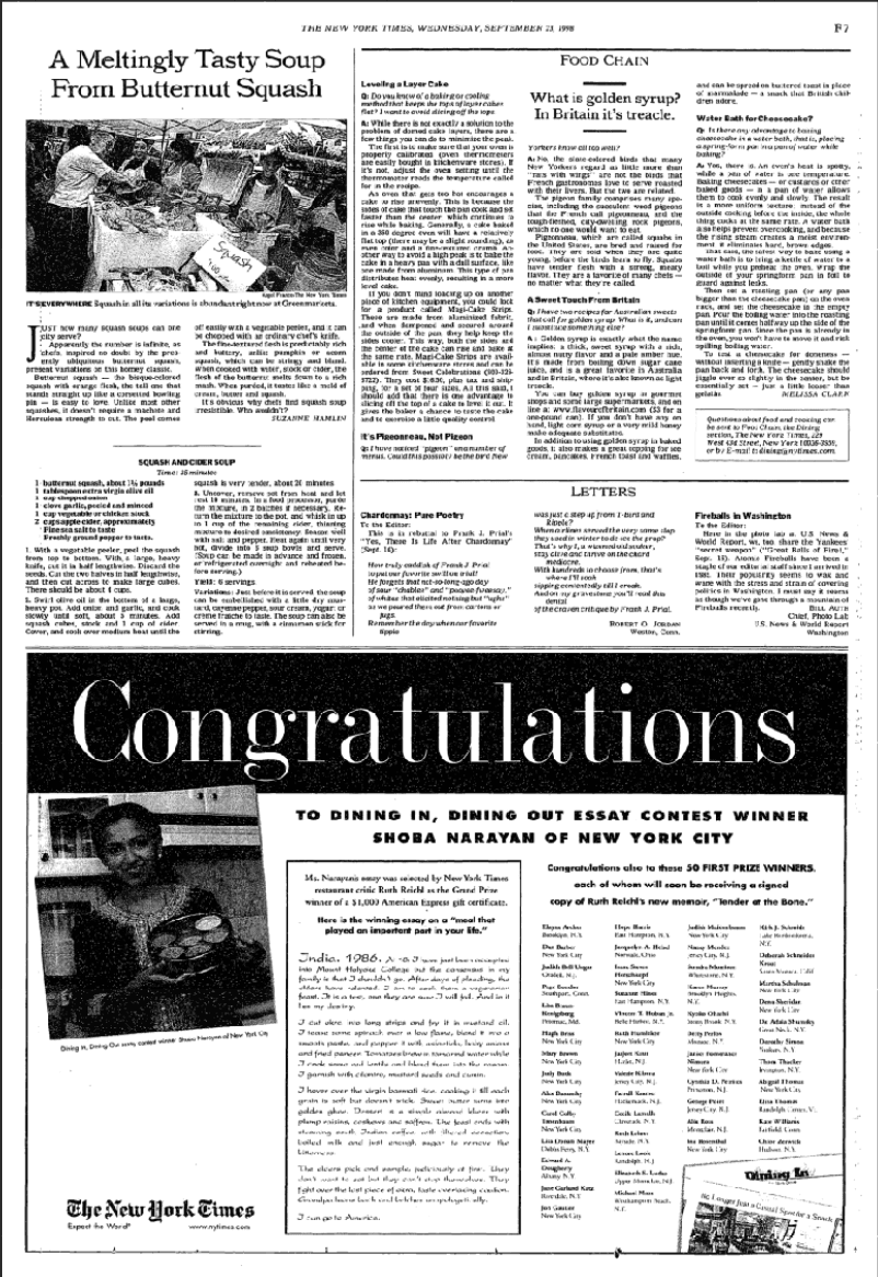 NYT Dining In Dining Out Essay Award Full Page September 23, 1998